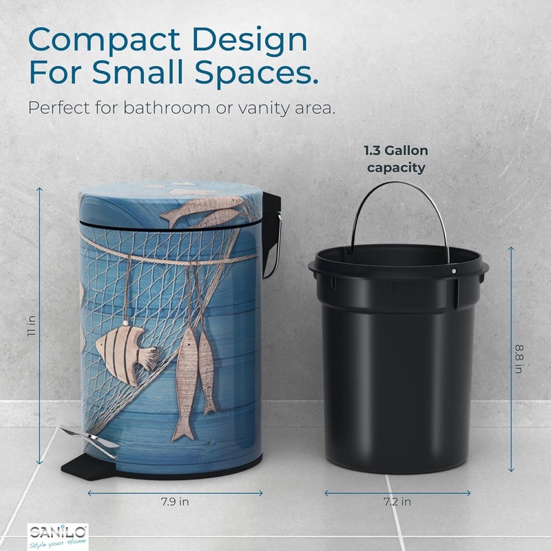 Sanilo Small Bathroom Trash Can with Lid [1.3 Gallon] - Lidded Tiny Trashcan for Garbage - Mini Metal Bin with Soft Closing Mechanism - Bath Room Accessoire Wastebin with Inner Bucket (Seafaring) - Image 5